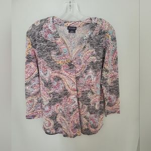 Van‎ Heusen Women Size Medium V Neck 3/4 Sleeve Paisley Blouse Top